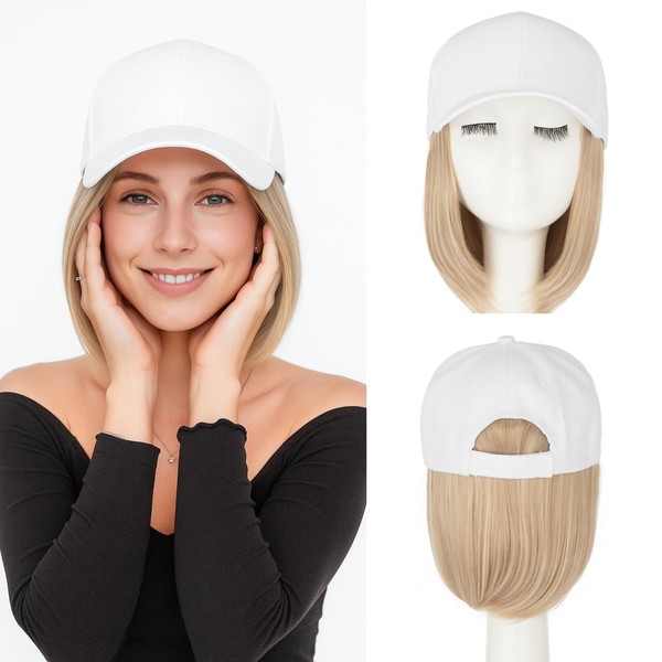 SEGO Hat Wig, Hat with Hair Attached for Women White
