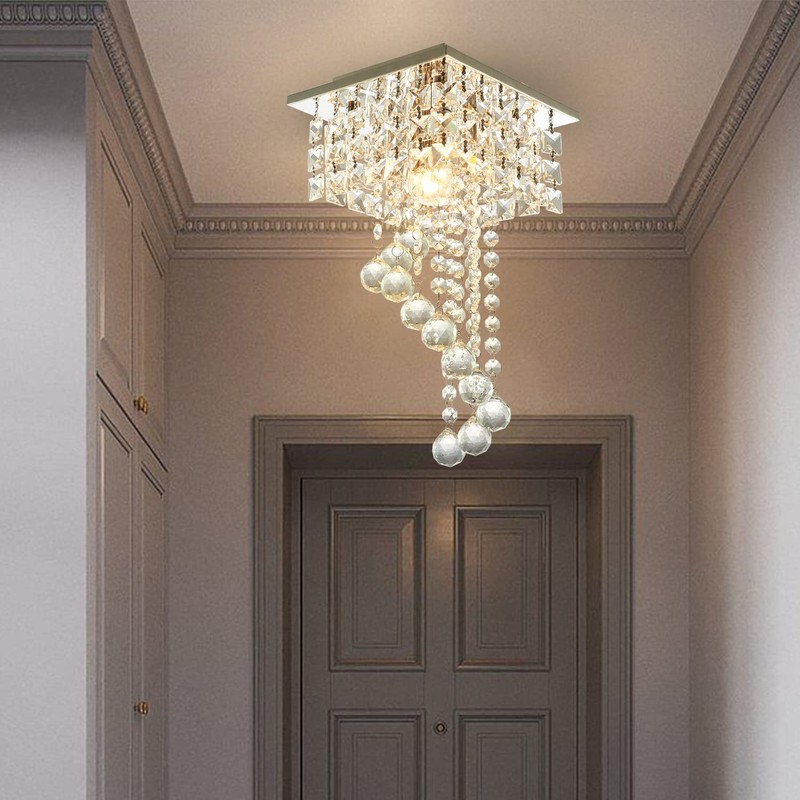 Finktonglan Mini Crystal Chandelier, 7.9" Square Flush Mount Ceiling Light,
