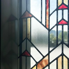 ChicSkin Original Hand Drawn Faux Stained Glass Window Film, Double-Sided Translucent Static Film, Amber Geometry Patterns Inspired by Hollyhock House 11.02"X55.12"