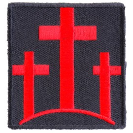 Three Crosses in Red Patch - 2.25x2.5 inch. Embroidered Iron on Patch