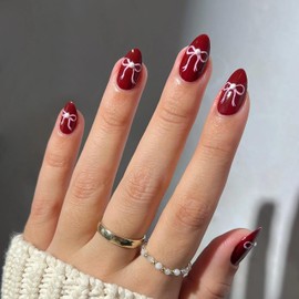 Qsnidy Press on Nails Almond, Wine Red & Bow Pearls Fake Nails Medium Press Ons, Christmas Full Cover Glue On Nails for Women Daily Wear, Natural Fit Acrylic Stick on Nail Kit - 24 Pieces in 12 Sizes