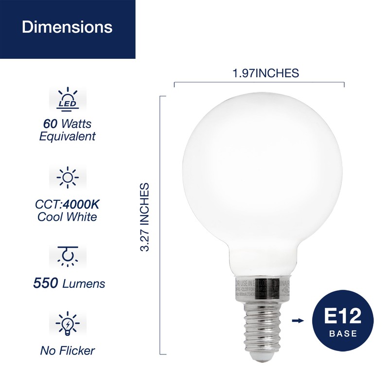 FLSNT 4000K Cool White LED Candelabra Bulbs 60W Equivalent, G16