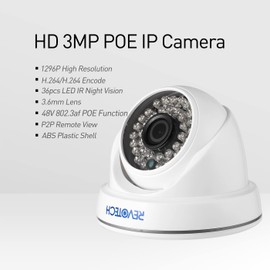 Revotech Dome Security POE IP Camera, HD 3MP Indoor CCTV Video Camera IR Night Vision 3.6 mm Lens P2P H.265 (I3012-P White)