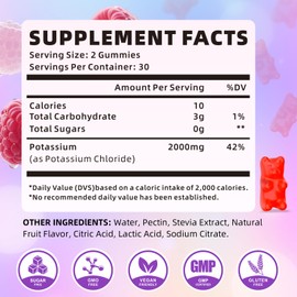 XIAAN Potassium Gummies for Women & Men, High Dose 2000mg Potassium Chloride Supplement Gummies for Leg Cramps & Electrolyte Balance, Vegan/Sugar-Free/Gluten Free, Raspberry Flavor 60 Count