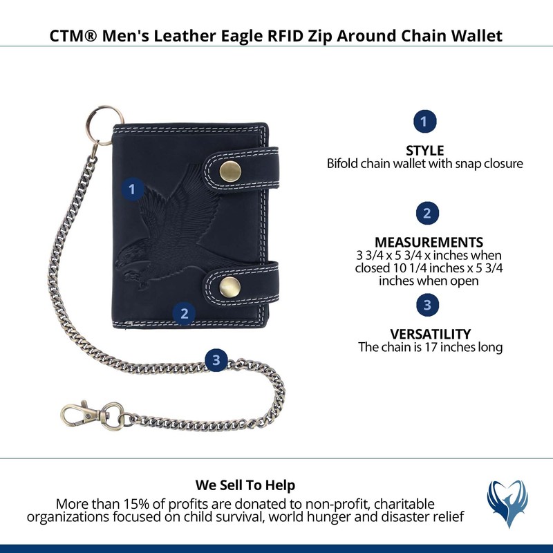 CTM® Men's Leather Eagle RFID Zip Around Chain Wallet, Black
