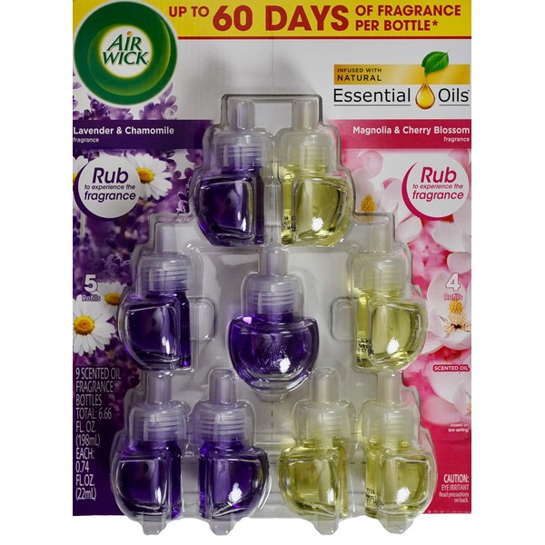 Air Wick Lavender Chamomile and Magnolia Cherry Blossom, 9 Scented Oil Bottle Refills