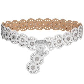 SUOSDEY Women Western Discs Belts, Vintage Cowgirl Wide Leather Waist Belt for Dress Jeans white