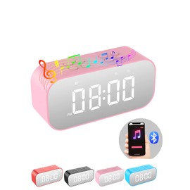 AFK Alarm Clock for Bedroom/Office,Small Digital Clock with Bluetooth Speaker,Desk Clock with Dual Alarms,Snooze,Mirror LED Display,Hands-Free Calling for Girls/Adults.(12H Format,Pink)