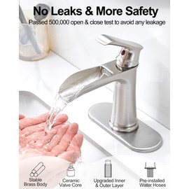 HOIGY Waterfall Bathroom Faucet, Brass Brushed Nickel Bathroom Faucets, Single Handle Bathroom Sink Faucet, 4 Inch Vanity Faucet 1 Hole or 3 Holes with Drain Deck Plate & Supply Hoses for RV Lavatory