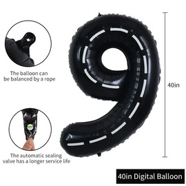TONIFUL Race Car Black Balloons Car Birthday Party Supplies,40 Inch Giant Jumbo Helium Foil Mylar Big Number 9 Digital Nine Balloons for Boys Monster Truck Jam Car Theme Party Decorations