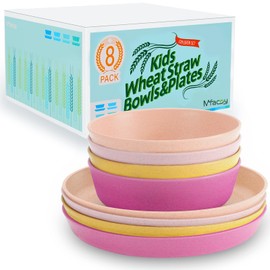 Mfacoy Wheat Straw Kids Plates and Bowls Set, Unbreakable Kids Dinnerware Set - 4 Pcs 7.75" Dinner Plates & 4 Pcs 18 oz Cereal Bowls, BPA Free, Microwave & Dishwasher Safe, Reusable Childrens Dishes