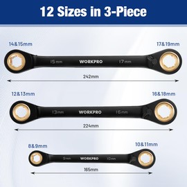 WORKPRO 3-Piece 4-in-1 Reversible Ratcheting Wrench Set, 12 Sizes in 3 Wrenches (8MM to 19MM), Metric, Anti-Slip, Double Box End, 72-Tooth, CR-V, 6-Point, with Storage Bag - for Repair & Maintenance