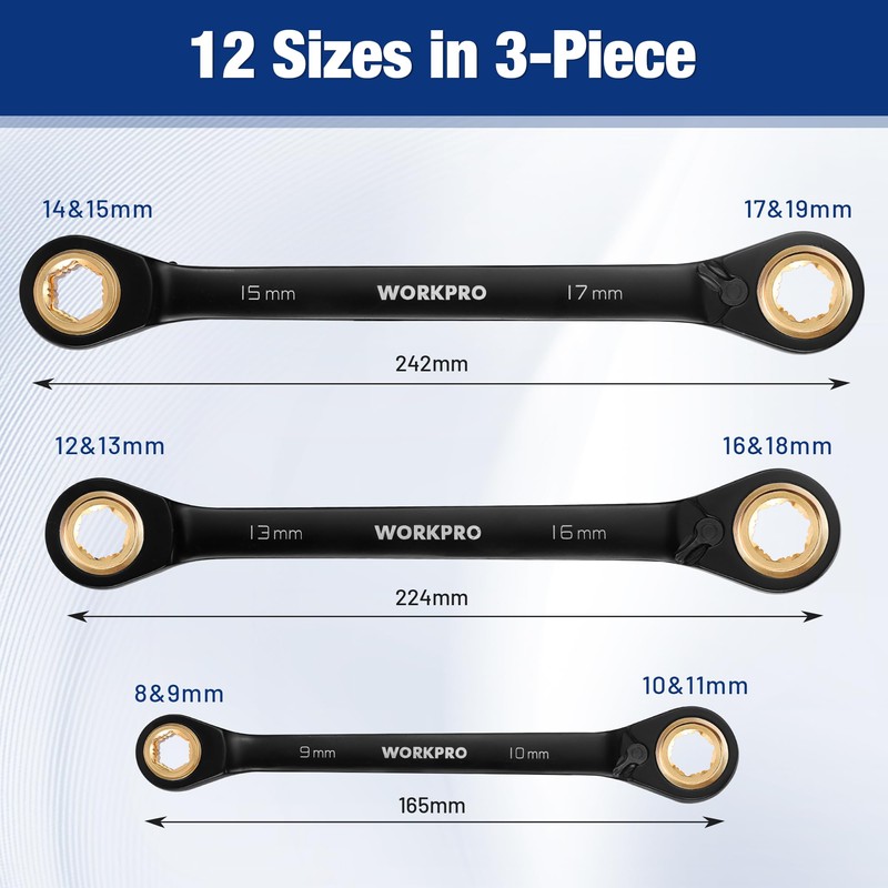 WORKPRO 3-Piece 4-in-1 Reversible Ratcheting Wrench Set, 12 Sizes in
