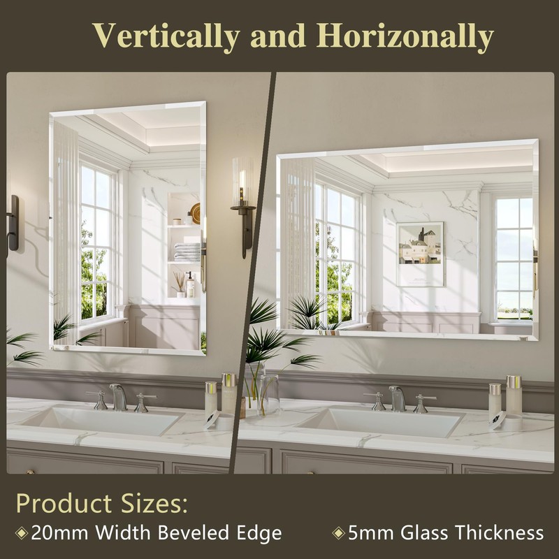 Frameless Bathroom Mirror, 18" x 26" Beveled Wall Mirror