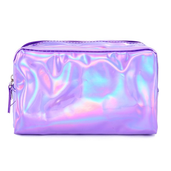 PU Leather Holographic Makeup Pouch Cosmetic Bag Waterproof Toiletries Organizer Pen Bag for Women and Girls (Purple)