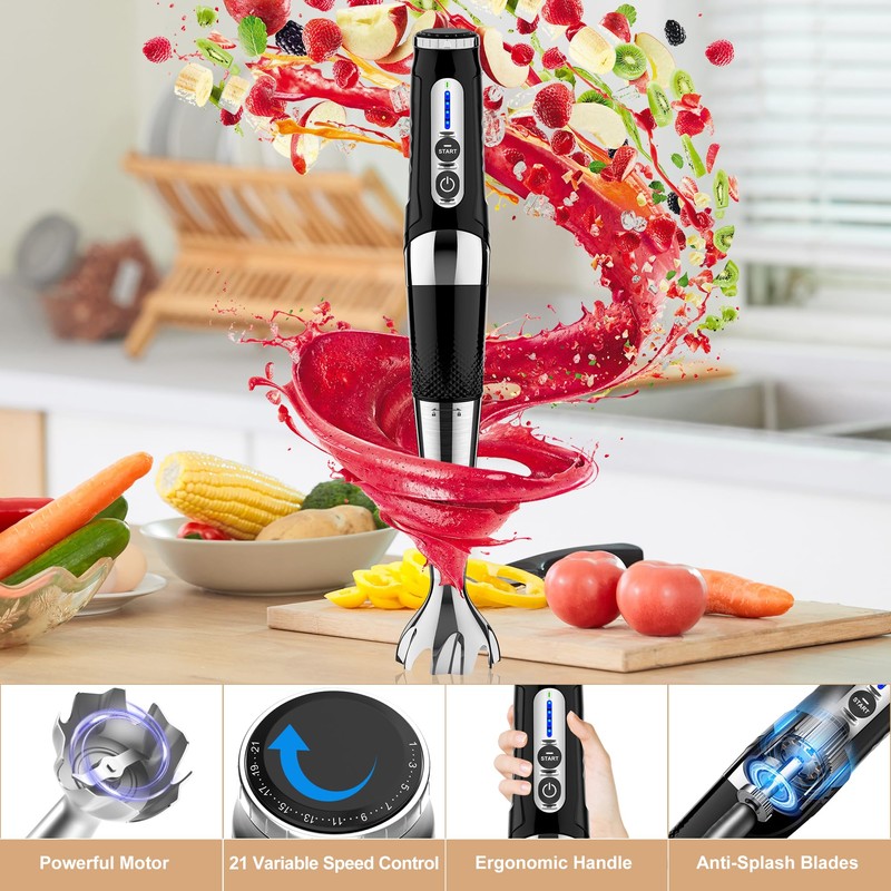 Cordless Immersion Blender Handheld: Powerful Rechargeable Electric Hand Blender, 21-Speed