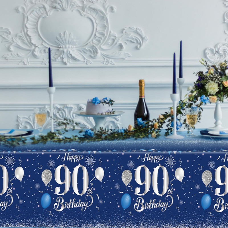 Xiliconie 3PCS 90th Birthday Tablecloth Blue and Silver Theme Party