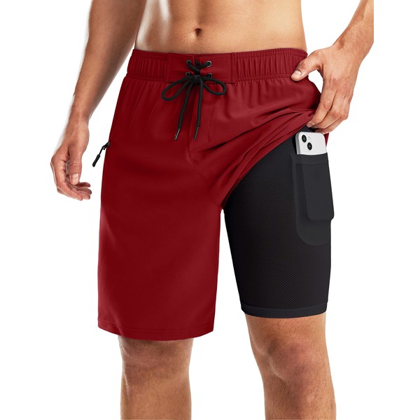 Pinkbomb Men's Swim Trunks with Compression Liner 9 Inch Quick