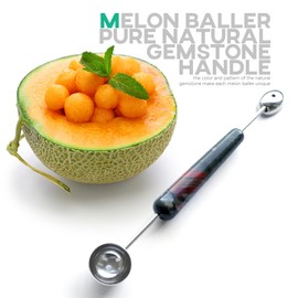 Homestia Melon Baller Natural Gemstone Handle, 9.6 inch Double Ended Headed Fruit Icecream Ball Spoon, Stainless Steel Cookie Scoop for Baking