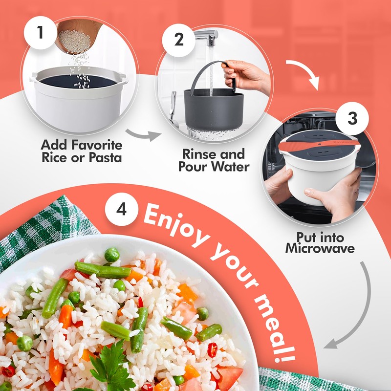 Zwippy Microwave Rice Cooker Steamer and Pasta Cooker with Strainer