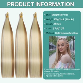 Locescsoc 28 Inch Bone Straight Braiding Hair 150g 3 Packs Straight Hair Extensions, Ariel Straight Ponytail Hair Bundles, Ombre Soft Synthetic Hair for Women (27/613, 28 Inch 3 Packs)
