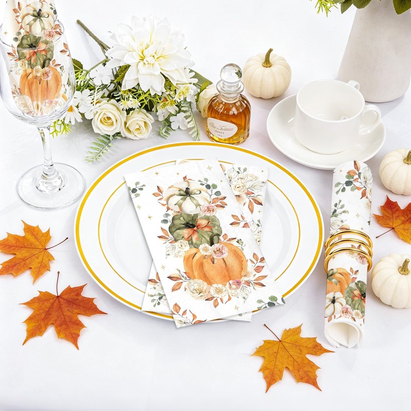 80 Pcs Boho Fall Pumpkin Paper Napkins Watercolor Floral Napkins
