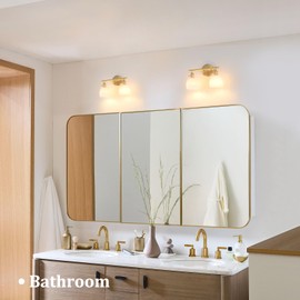 Bathroom Light Fixtures, 2-Light Brass Vanity Wall Light Over Mirror with White Tulip Glass Shade for Bedroom Living Room