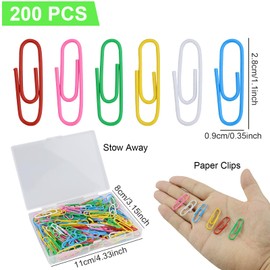 200 Pcs Coloured Paper Clips, 28 MM Paper Clamps for Office Stationery, Paper Clips Clamps Document Paper Clips, Metal Paper Clips Clamps with Plastic Box, Paperclips Assorted Colors