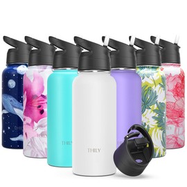 Vacuum Insulated Sports Water Bottle - THILY 32 oz Stainless Steel Leakproof Wide Mouth Water Flask with Flip Lid and Straw Lid, Keep Hot 12 Hours Cold 36 Hours, Sweat-proof, Powder Coated, White
