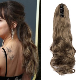 Cybelleza Ponytail Extension Curly Wavy Claw Jaw Pony Tail One Piece Clip in Hair Extensions Hairpiece Synthetic Long Natural for Women (Chestnut Brown&Bleach Blonde)