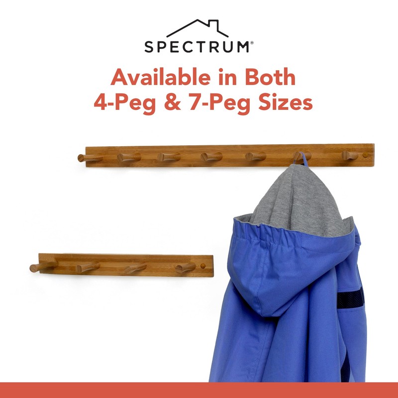 Spectrum Wall Mount 7-Peg Wood Rack Organizer for Bathroom, Kitchen,
