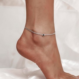 CHIC & ARTSY 925 Sterling Silver Ankle Bracelet Multilayer Anklets for Women Satellite, Star, Cross, Circle, Butterfly, Teardrop, Oval Disk Layered Anklet Beach Jewelry, One Size, Sterling Silver , Cubic Zirconia