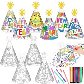 HOWAF 12 Colouring New Years Eve Party Hats 2025, Happy New Year Hats, Colouring Paper New Years Eve Hats, New Year Crafts for Kids DIY New Year Party Accessories, New Years Eve Decorations 2025