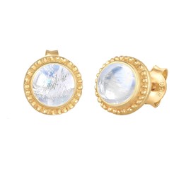 Women's Earrings Silver Stud Earrings Round (9mm) with Moonstone for Women and Girls, 925 Sterling Silver Gold Plated Stud Earrings for Women in Boho Style, Golden Birthstone Earrings, Sterling