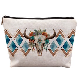 uinwk Aztec Makeup Bag, Ethnic Western Southwestern Aztec Navajo Cosmetic Bag for Women, Cow Makeup Bag, Western Gifts for Women, Geometric Wood Art Makeup Pouch