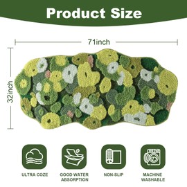 COMBLUE Green Moss Runner Rug Bath Mat Non Slip, Ultra Soft Absorbent Aesthetic Decor Shaggy Tufted Leaf Leaves Extra Long Bath Rugs for Bathroom Floor, Shower, Bedroom, Machine Washable, 32x71 Inch