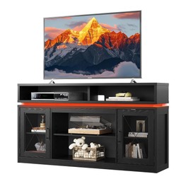 WLIVE TV Stand up to 65 Inch TV, 58" Entertainment Center with LED Lights, Farmhouse TV Media Console with Storage Cabinets, Adjustable Shelves for Living Room, Black