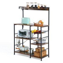 Evajoy Baker’s Rack with Power Outlet, 6-Tier Kitchen Storage Rack, Coffee Bar with Storage Basket, Microwave Oven Stand with 6 S-Hooks, Table Organizer with Top Shelf, for Spices, Pots, Pans