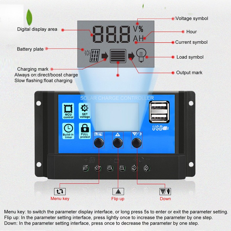 12V 24V Solar Charge Controller USB Port Overcharge Protection Solar