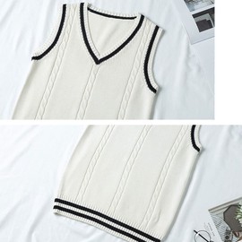 ZUEVI School Vest, Girls' Uniform Vest, Student, V-Neck, Loose Knit, Cotton, Solid, black stripe