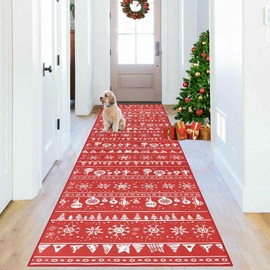 famibay Christmas Runner Rug 2x8 Red Washable Christmas Rug Runner Christmas Kitchen Rugs Long Holiday Non Slip Washable Christmas Runner Rug for Hallway Kitchen Entryway Bedroom Decor