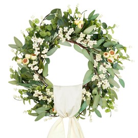 DDHS 19'' Eucalyptus Wreaths for Front Door,Artificial Spring Summer Door Wreath with Plaid Bow Green Leaves and Berries, Door Wreaths for Front Door Outside All Season for Home Decor