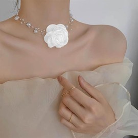 Allereya Vintage Layered Camellia Flower Necklace White Mesh Flower Choker Necklace Pearl Station Necklace Clear Transparent Line Necklace Jewelry for Women and Girls (White)