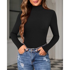 MANGOPOP Long Sleeve Bodysuits for Women Mock Turtle Neck Ribbed Body Suit Tops