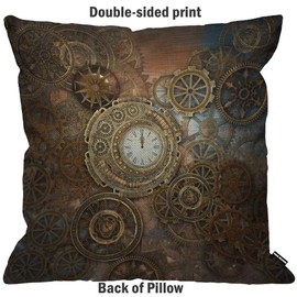 HGOD DESIGNS Steampunk Cushion Cover, Rusty Steampunk with Clock and Various Gears, Metal Machine, Gold Bronze Throw Pillow Cover for Living Room Bedroom Sofa Chair 45x45cm