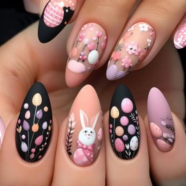 Easter Press on Nails Medium Almond Fake Nails Cute Bunny Eggs Designs Full Cover Acrylic False Nails Pink Flower Cute Rabbit Easter Eggs Stick on Nails Press ons Matte 24pcs False Nails for Women
