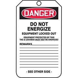 Accuform MDT181CTP PF-Cardstock Jumbo Tag, Legend "Danger DO NOT Energize Equipment Locked Out", 8-1/2" Length x 3-7/8" Width x 0.010" Thickness, Red/Black on White (Pack of 25)