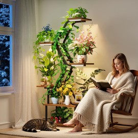 MemoCastle Black Plant Shelves with Grow Lights: 7-Tier 65" Tall Modern Plant Stand for Indoor Corners, Living Room Display or Bedroom Gardening Rack