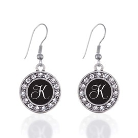 Inspired Silver - My Script Initials - Letter K Silver Dangle Earrings for Women - Circle Charm Earrings French Hook Drop with Cubic Zirconia - Women's Dangly Earrings Jewelry Gift with Velvet Pouch