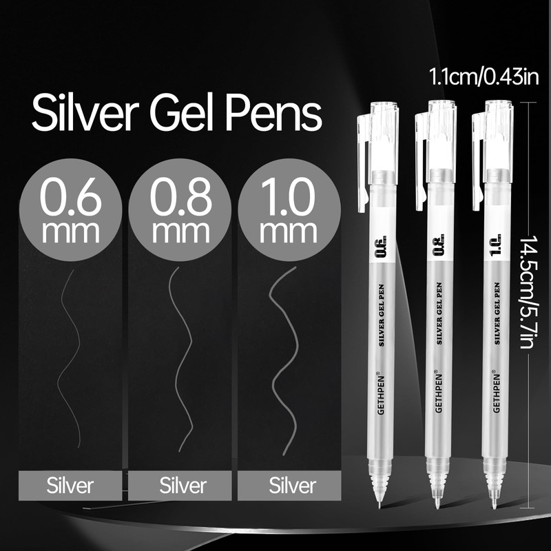 GETHPEN Silver Gel Pens 3-Pack - 0.6/0.8/1.0mm Fine Point Opaque